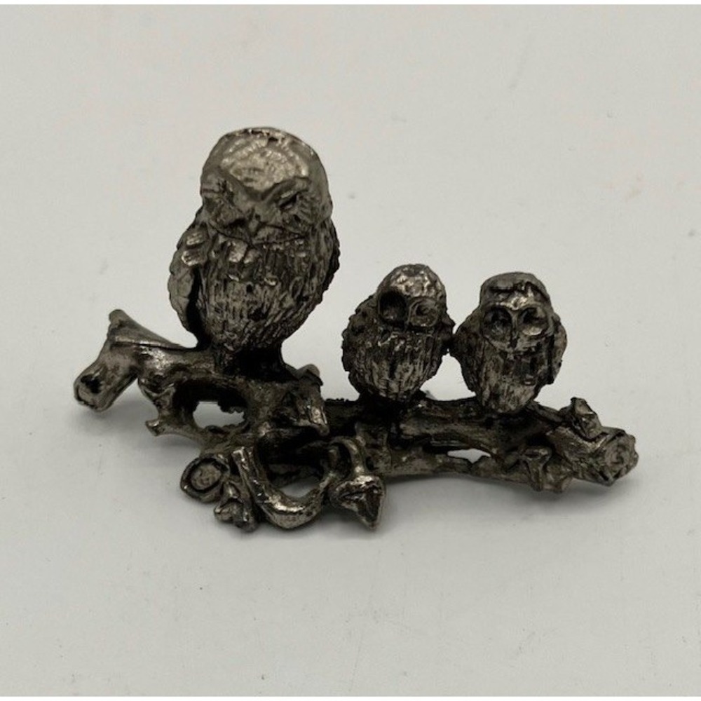 Miniature Pewter Owl, Mother Owl with Two Owlets on Branch Figurine 1"H x 1.75"L